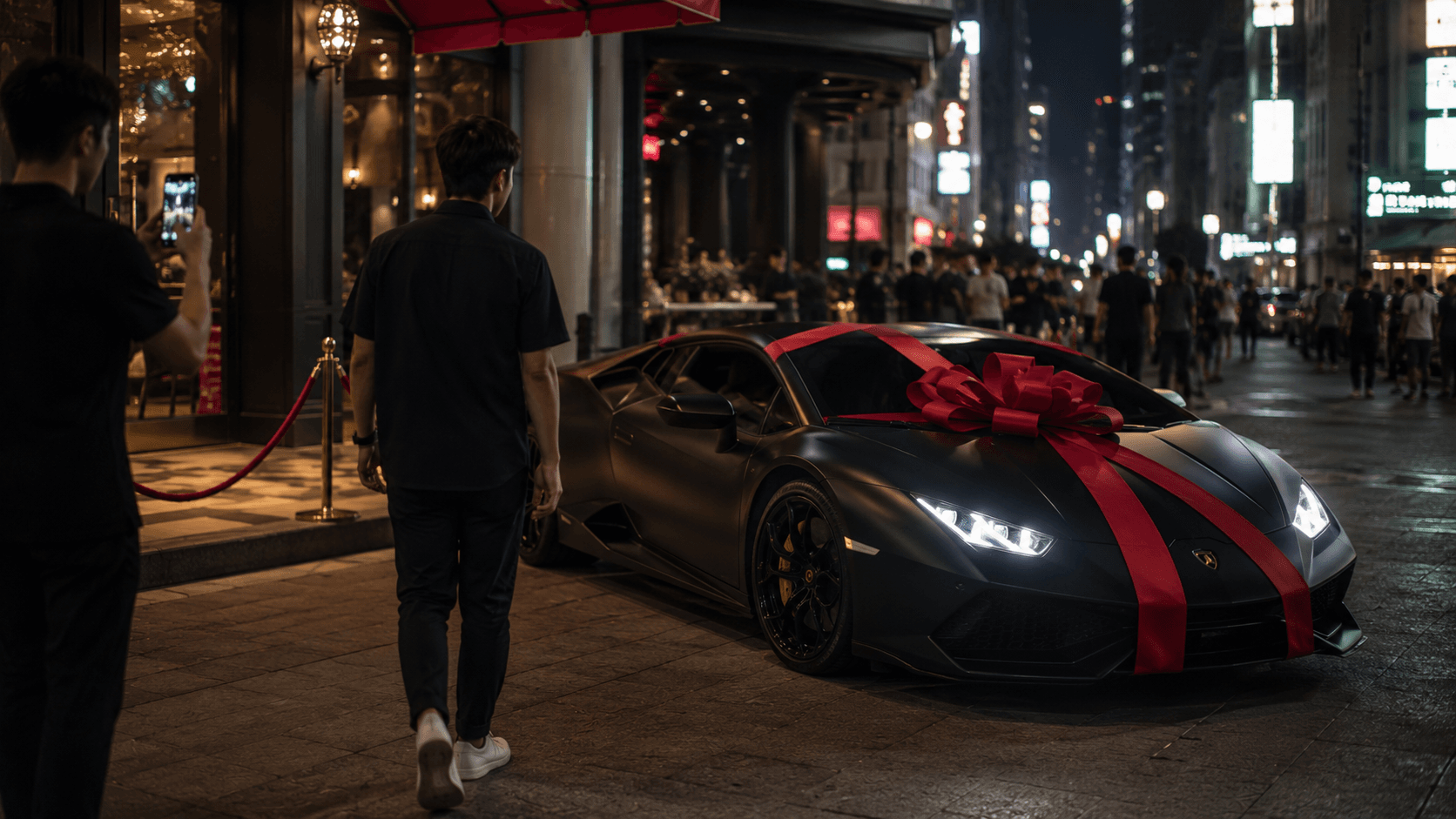 Birthday car rental Kuala Lumpur — luxury car outside a hotel entrance at night